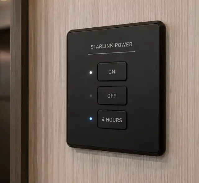 Black Starlink RV wall control with ON, OFF and 4 HOURS buttons